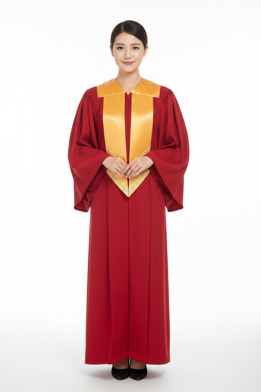 Female model wearing red choir robe with gold satin collar and V-panel, full body front view, white background