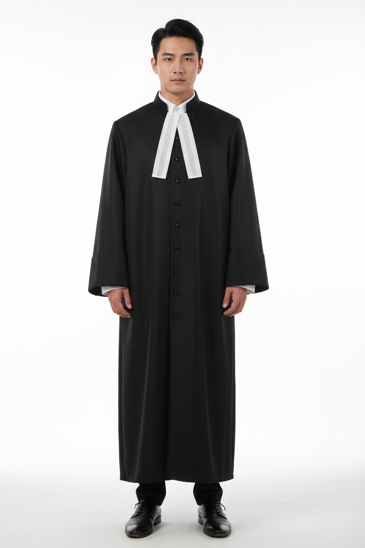 Model wearing black medieval barrister robe with white jabot collar, full body front view, white background