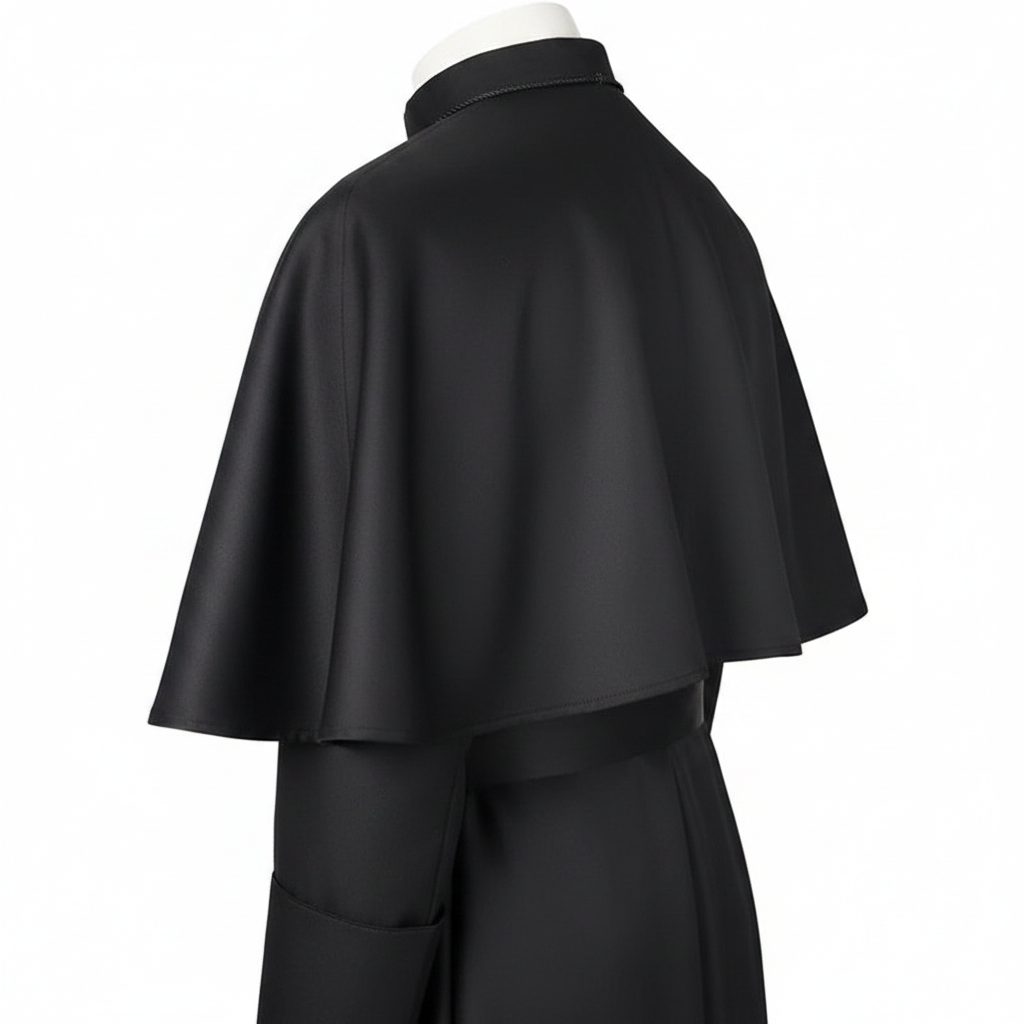 Close-up detail of clergy cassock robe showing attached shoulder cape pellegrina drape and layering from the side, white background