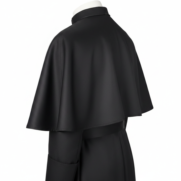 Close-up detail of clergy cassock robe showing attached shoulder cape pellegrina drape and layering from the side, white background