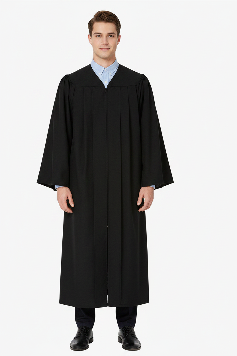 Male model wearing economy black master graduation gown with Tudor-style closed sleeves, white background