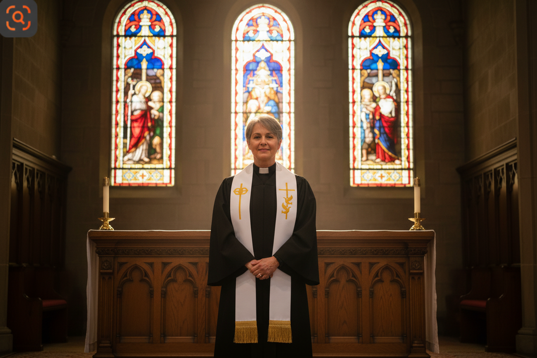 Pastor wearing White Clergy Stole in Church Atmosphere