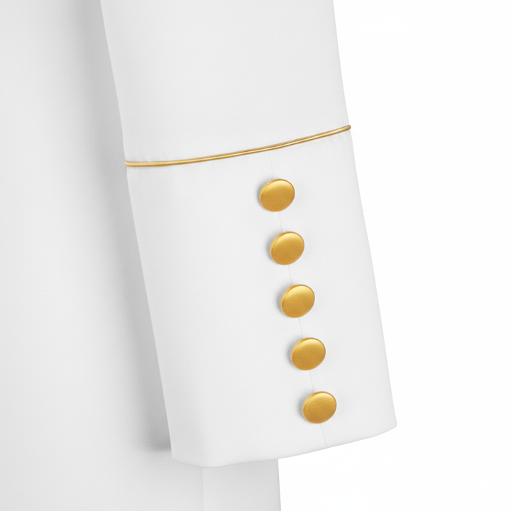 Close-up detail of white clergy frock coat sleeve cuff with gold piping trim and row of small gold buttons, white background