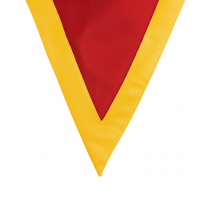 Close-up detail of red and gold two-tone V-stole showing sharp V-point and satin texture, white background
