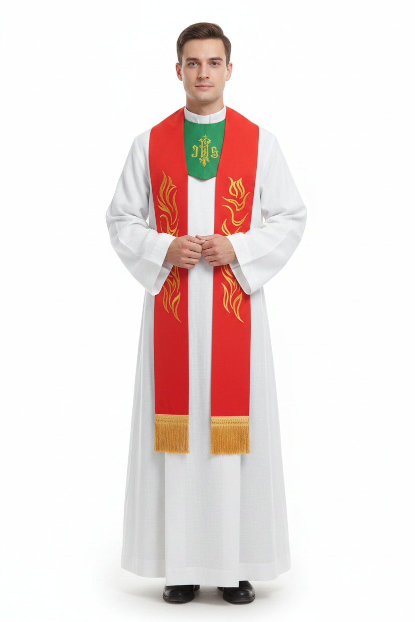 Male priest model wearing white alb robe with red clergy stole showing gold flame embroidery and IHS emblem, full body front view, white background