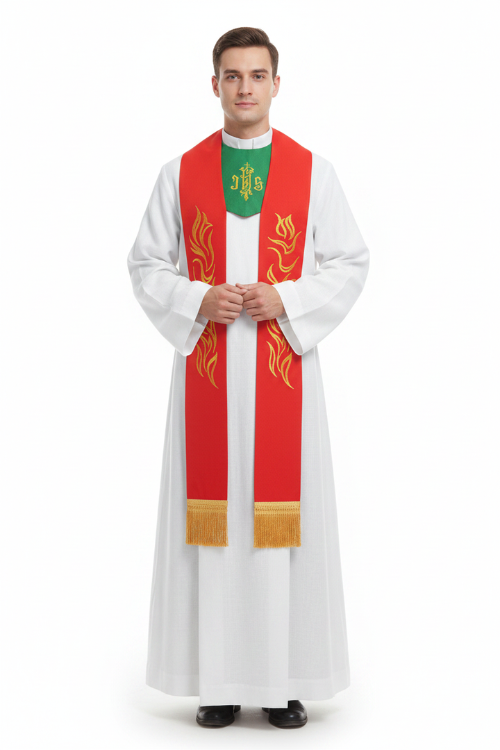 Male priest model wearing white alb robe with red clergy stole showing gold flame embroidery and IHS emblem, full body front view, white background