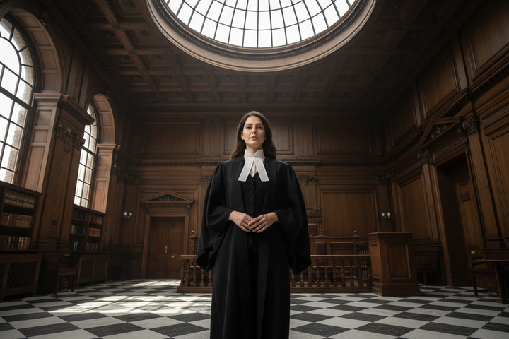 Lawyer in black barrister robe standing in grand courtroom atmospheric scene