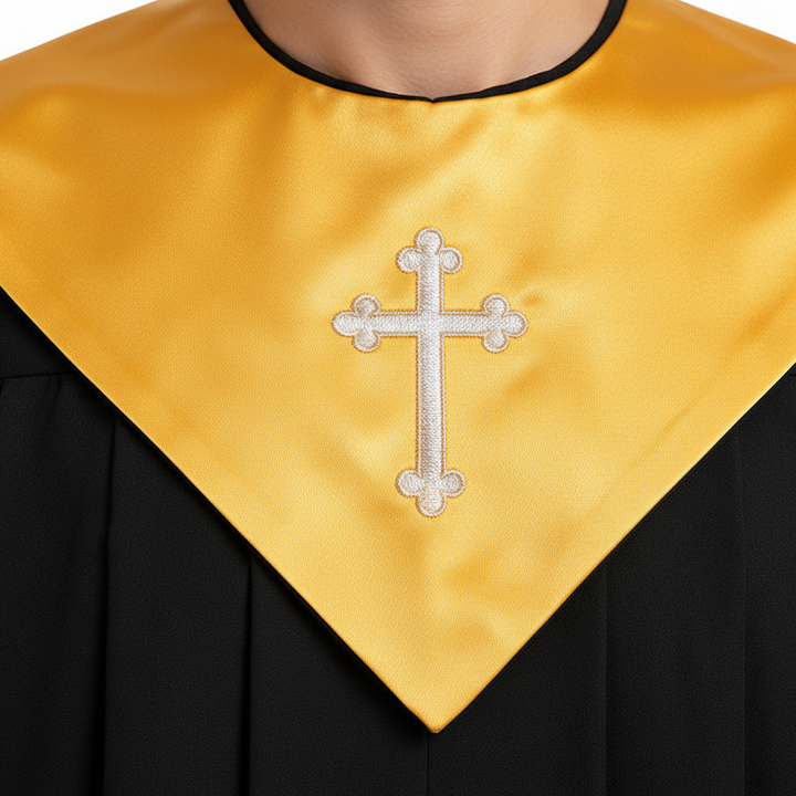 Close-up detail of black choir robe showing gold V-yoke satin collar with embroidered cross, white background