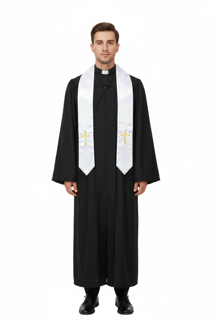 Male model wearing black clergy robe with white satin gold cross stole, full body front view, white background