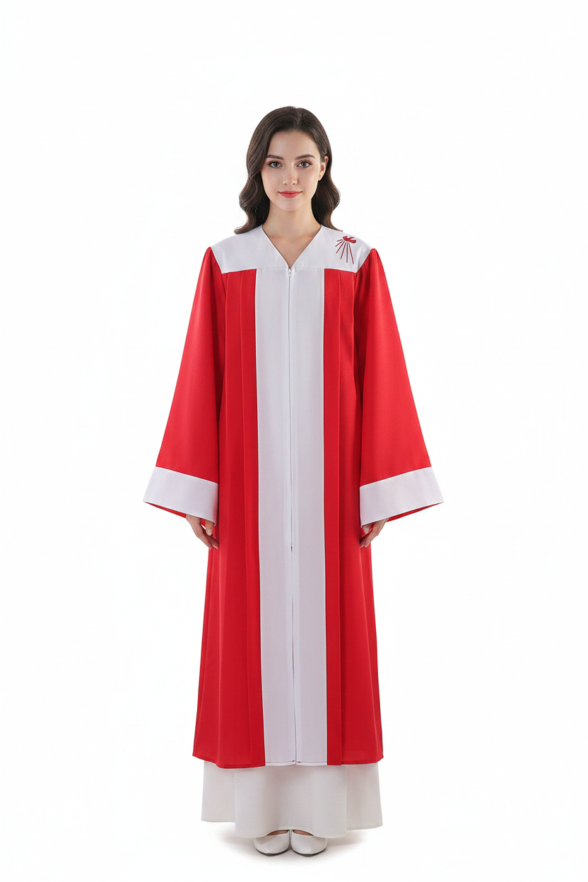 Female model wearing red and white choir robe with dove embroidery, full body front view, white background