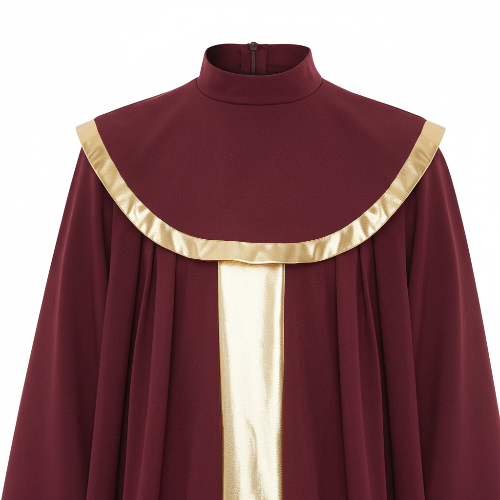 Close-up detail of burgundy choir robe gold center stripe and gold cape collar trim, white background