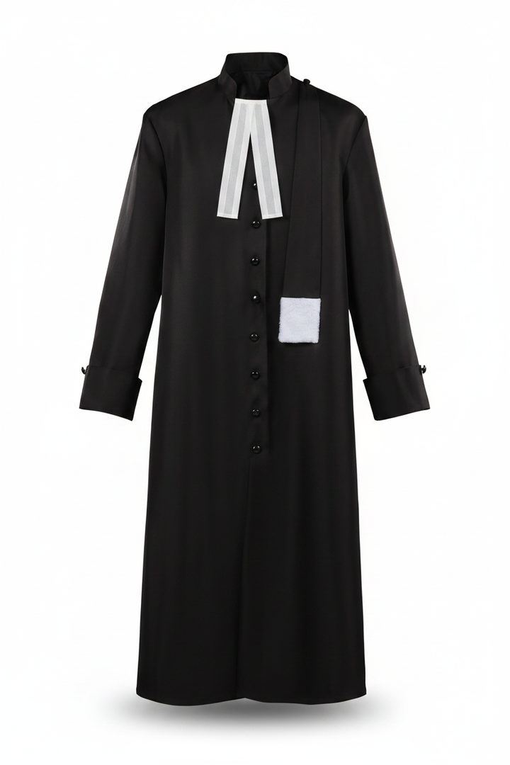 Black medieval barrister robe with white jabot collar, invisible mannequin display, pure white background