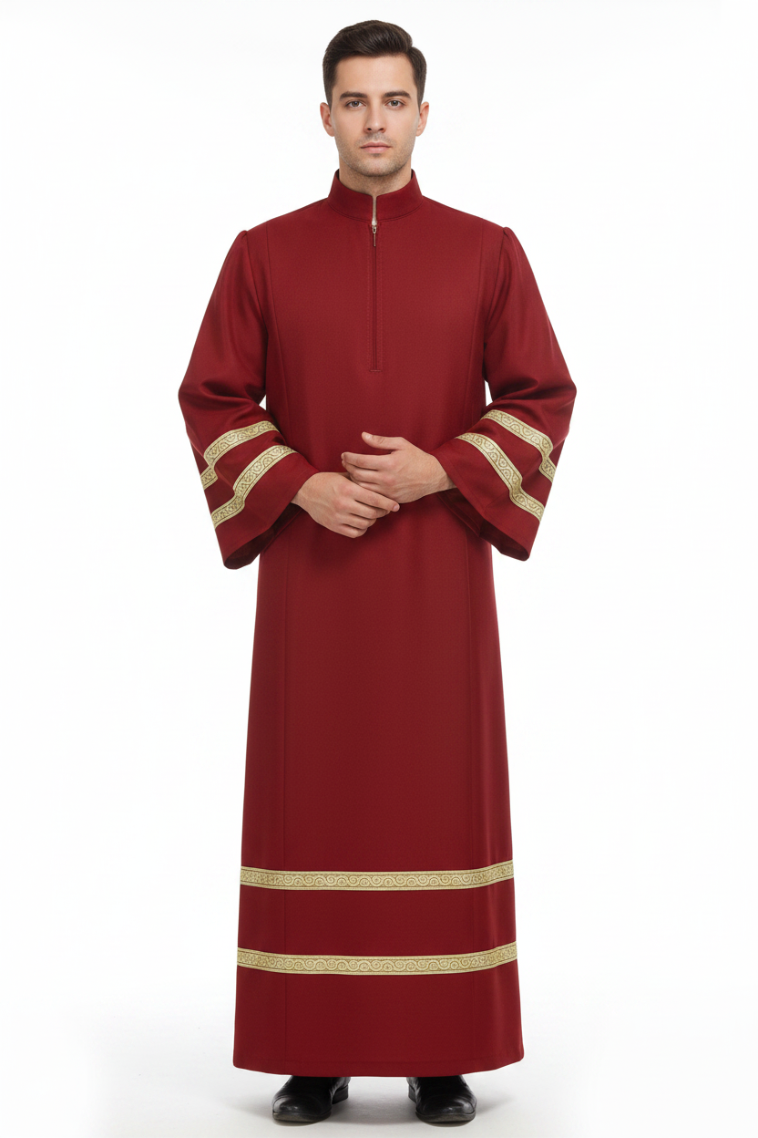 Male model wearing burgundy red liturgical choir robe with gold braid trim, full body front view, white background