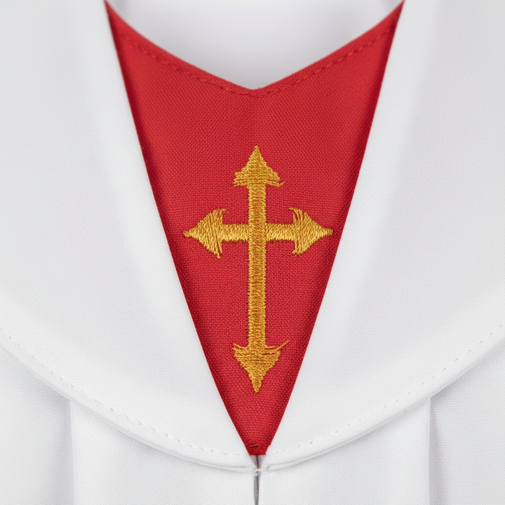 Close-up detail of gold cross embroidery on red V-neck yoke of white choir robe