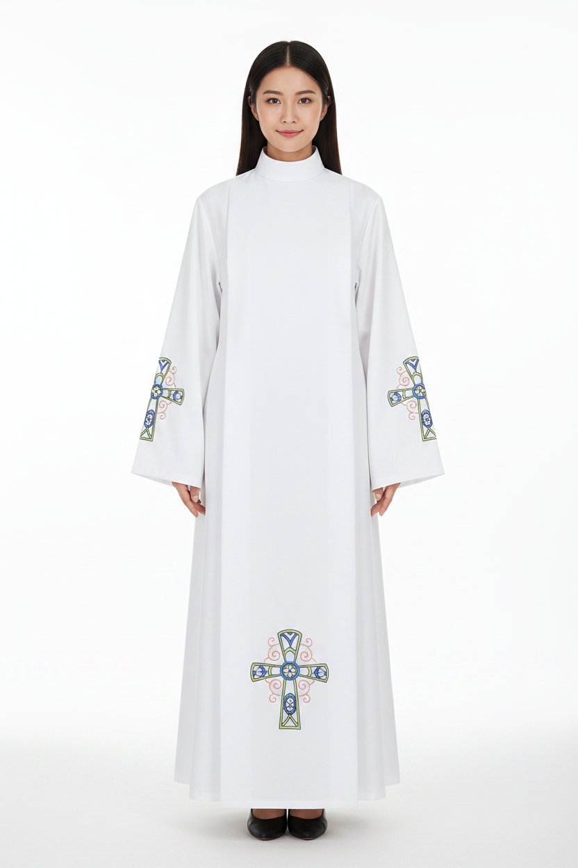 Female model wearing white liturgical alb robe Style E with colorful Celtic cross embroidery, full body front view, white background