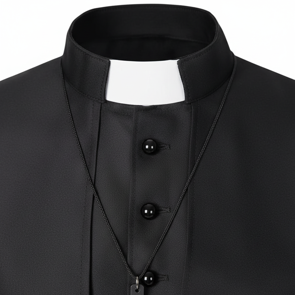 Close-up detail of black clergy cape cassock robe showing stand collar clergy tab insert and shoulder cape edge, white background