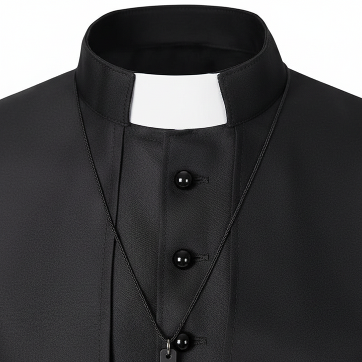 Close-up detail of black clergy cape cassock robe showing stand collar clergy tab insert and shoulder cape edge, white background