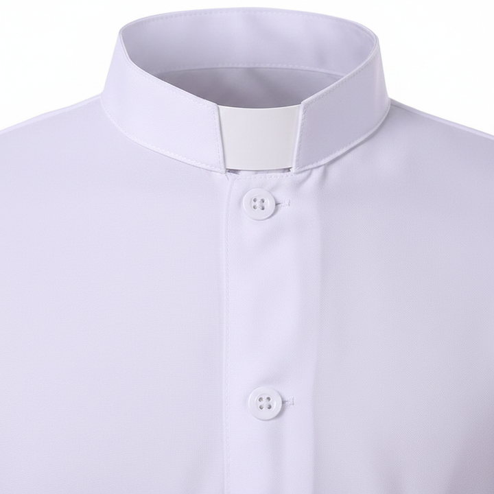 Close-up detail of white Catholic cassock robe showing stand collar with white clerical insert and front buttons, white background
