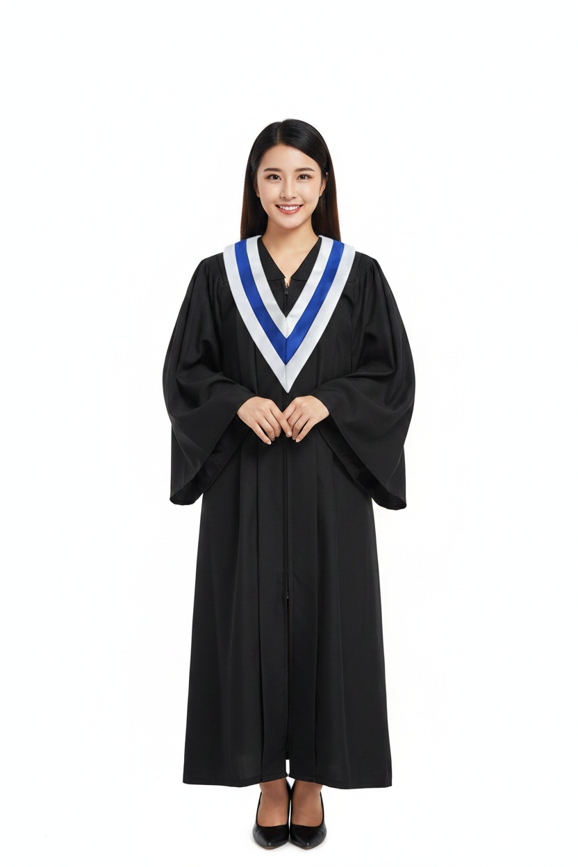 Female model wearing white and royal blue two-tone graduation V-stole over black gown, full body front view, white background