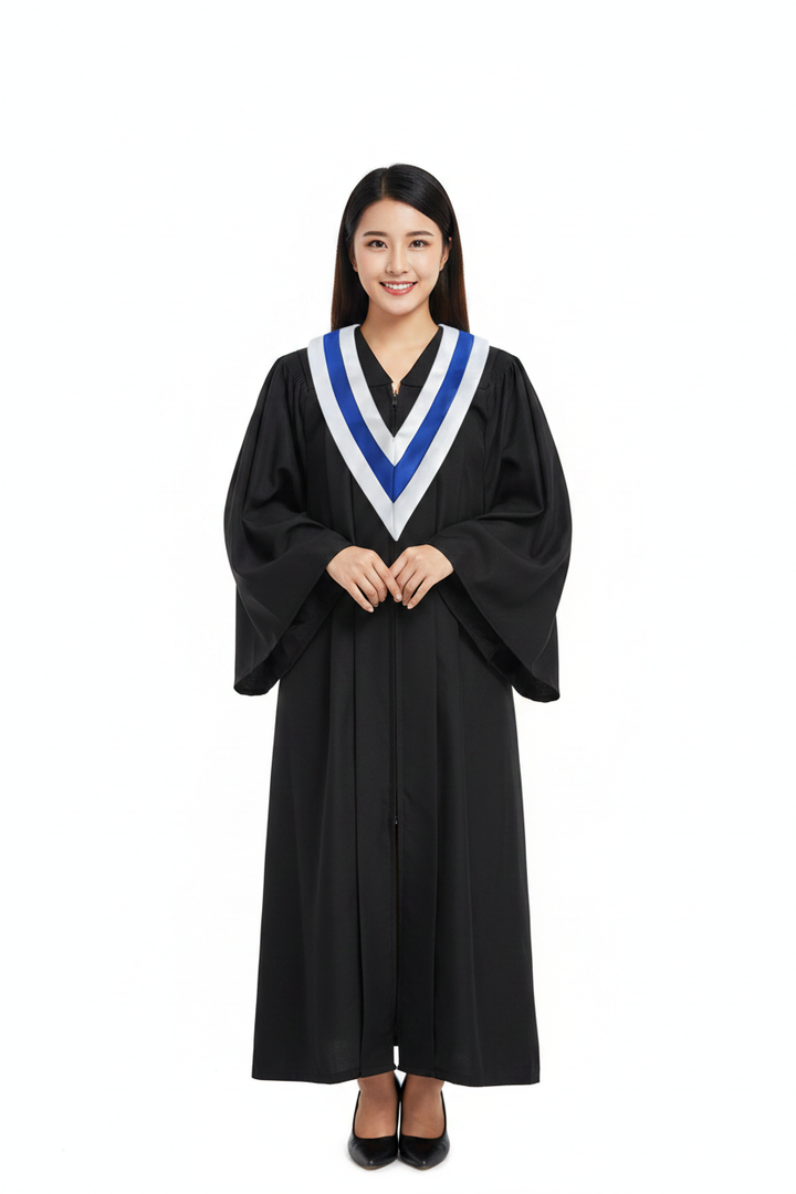 Female model wearing white and royal blue two-tone graduation V-stole over black gown, full body front view, white background