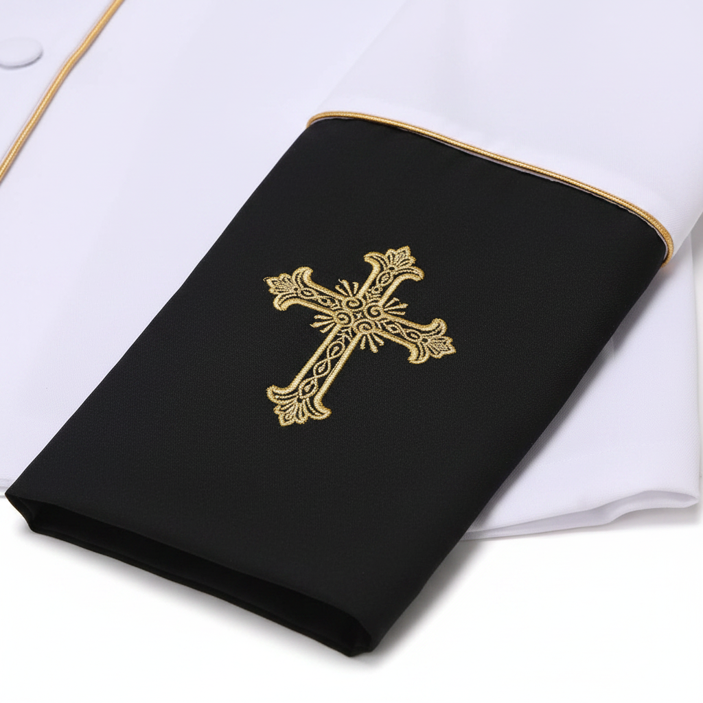 Close-up detail of gold cross embroidery on black clergy jacket cuff with gold piping trim