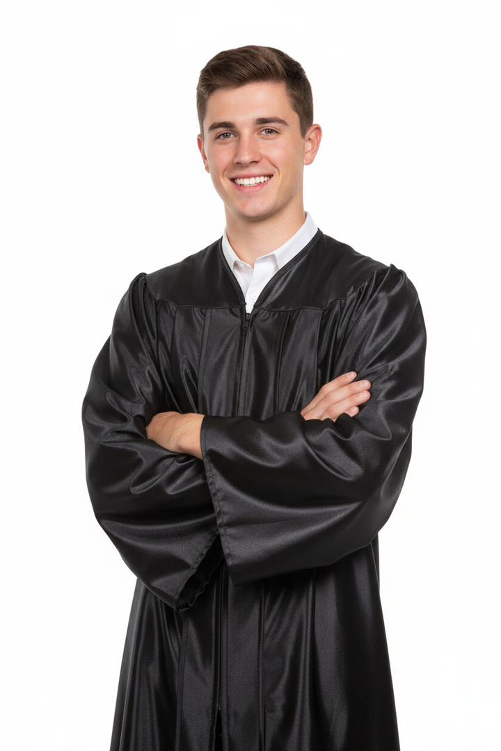 Shiny Black High School Gown - Model Display