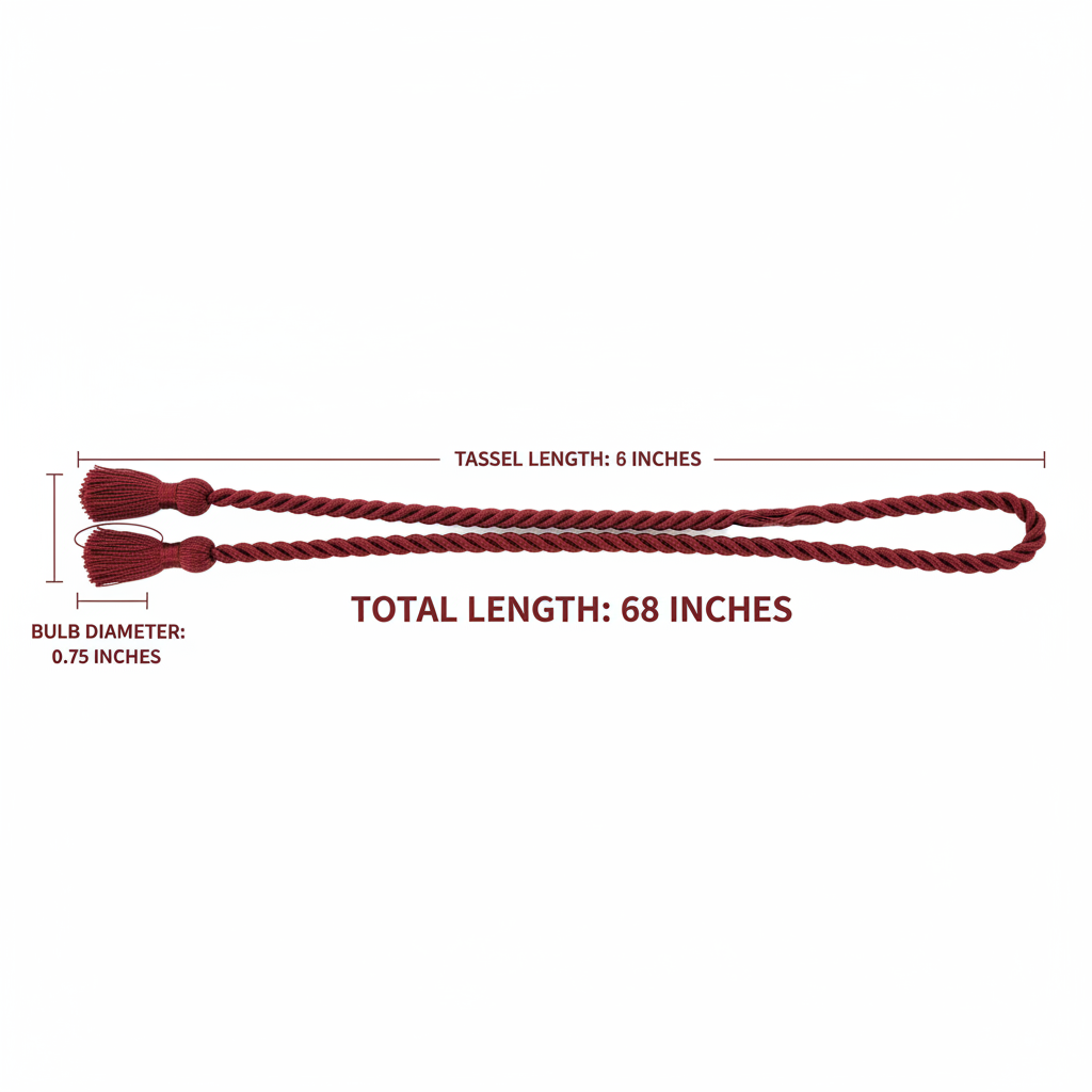 Maroon honor cord size specification diagram showing 68 inch total length and 4 inch tassel measurements