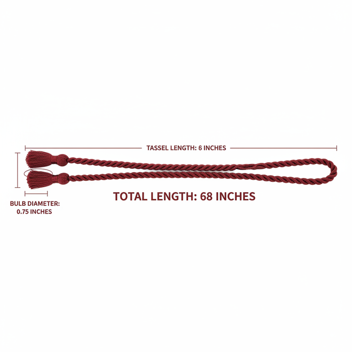 Maroon honor cord size specification diagram showing 68 inch total length and 4 inch tassel measurements