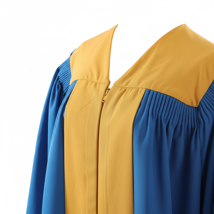 Close-up detail of lake blue choir robe contrast yoke and gold trim, white background
