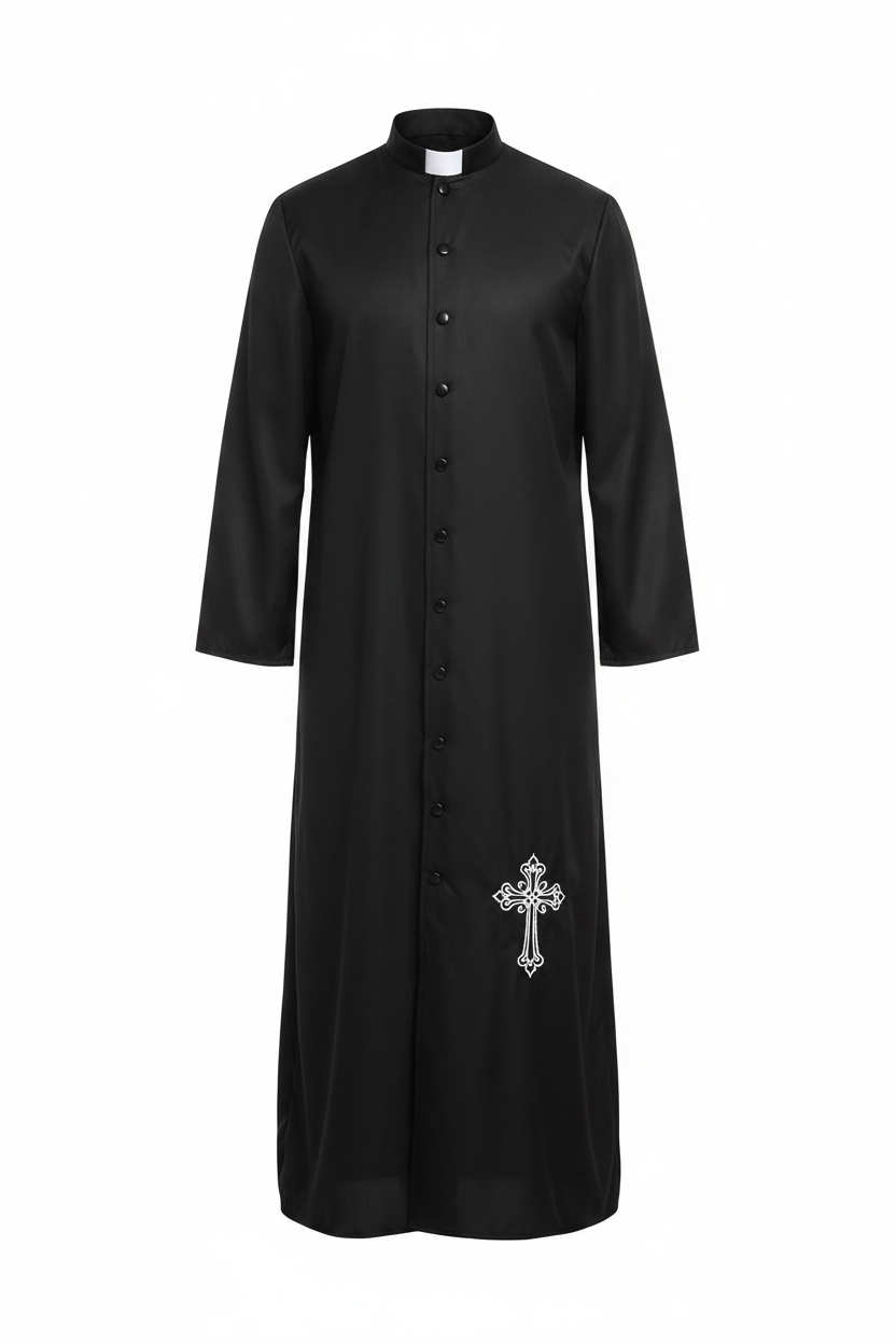 Full-length black priest cassock robe with white clerical collar and white cross embroidery, product shot on invisible mannequin, white background