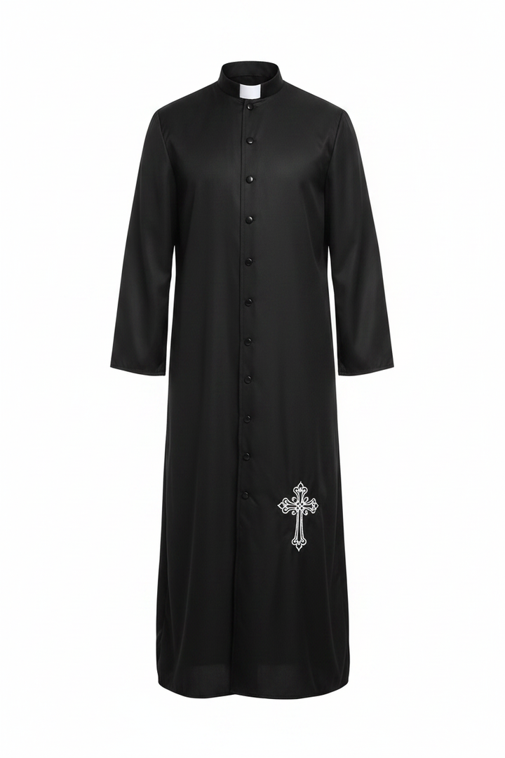 Full-length black priest cassock robe with white clerical collar and white cross embroidery, product shot on invisible mannequin, white background