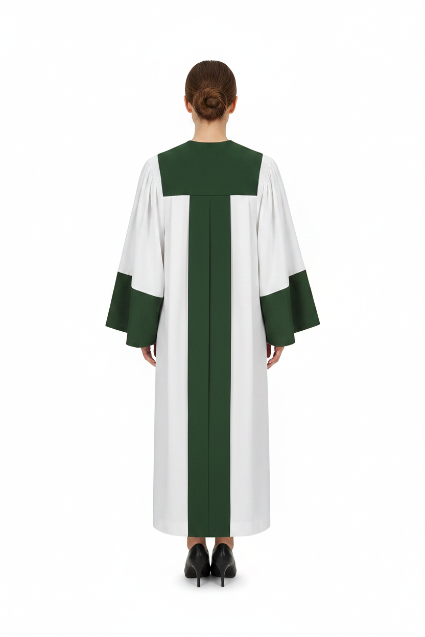 Female model wearing white and green choir robe with bell sleeves showing green center back stripe, full body back view, white background