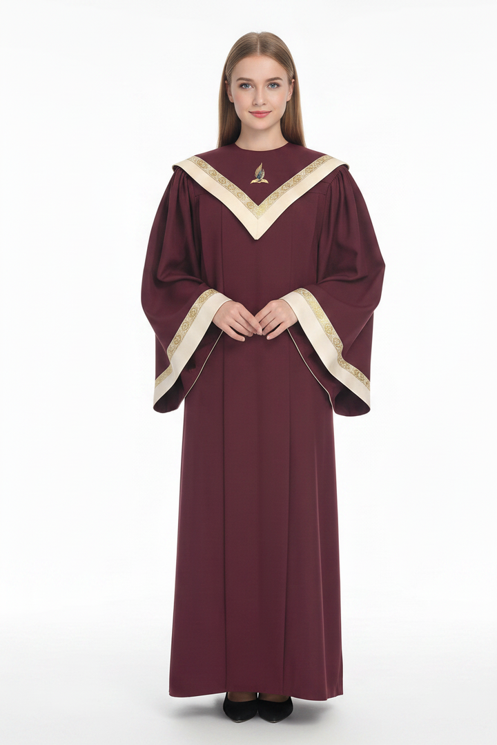 Premium V-Neck Choir Robe with Gold Trim - Burgundy