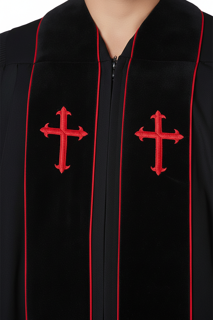 Premium Custom-Embroidered Clergy Robe - Black with Red Trim