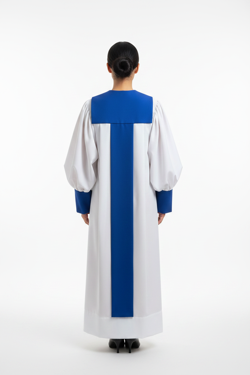 Female model wearing white and royal blue choir robe showing back view with blue center back stripe, puff sleeves, white background