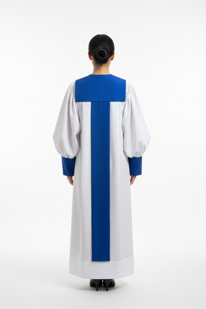 Female model wearing white and royal blue choir robe showing back view with blue center back stripe, puff sleeves, white background