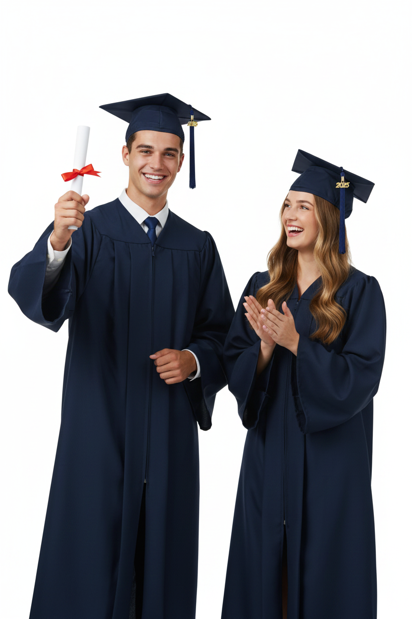 Matte Navy Blue High School Cap and Gown - Model Display
