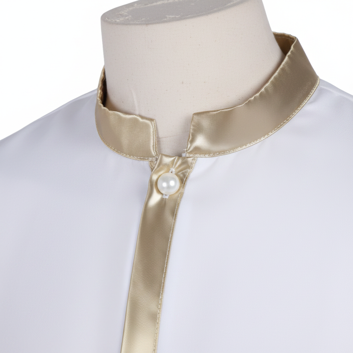 Close-up detail of white clergy robe showing gold satin mandarin collar, gold placket trim and pearl snap buttons, white background