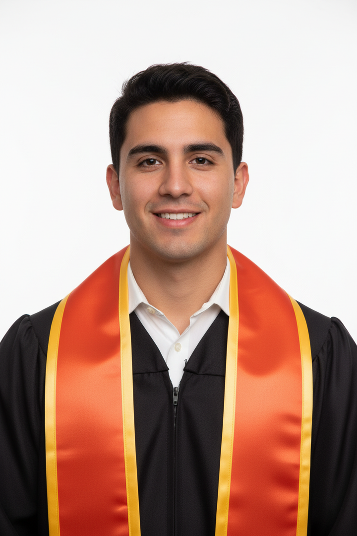 Orange Pointed Graduation Stole with Gold Trim model display