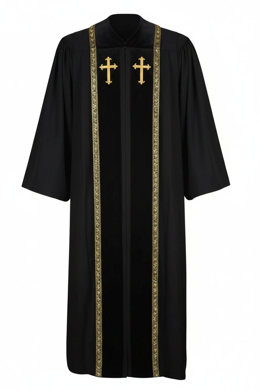 Black clergy choir robe on invisible mannequin, center front black velvet stole with gold cross badges and wheat brocade trim, pure white background