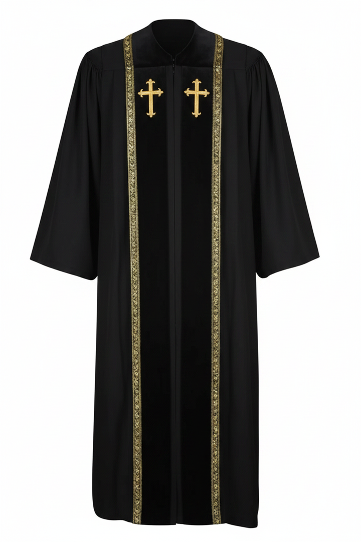Black clergy choir robe on invisible mannequin, center front black velvet stole with gold cross badges and wheat brocade trim, pure white background