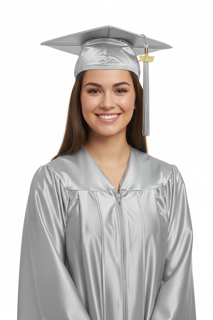 Shiny Silver High School Cap and Tassel - Model Display