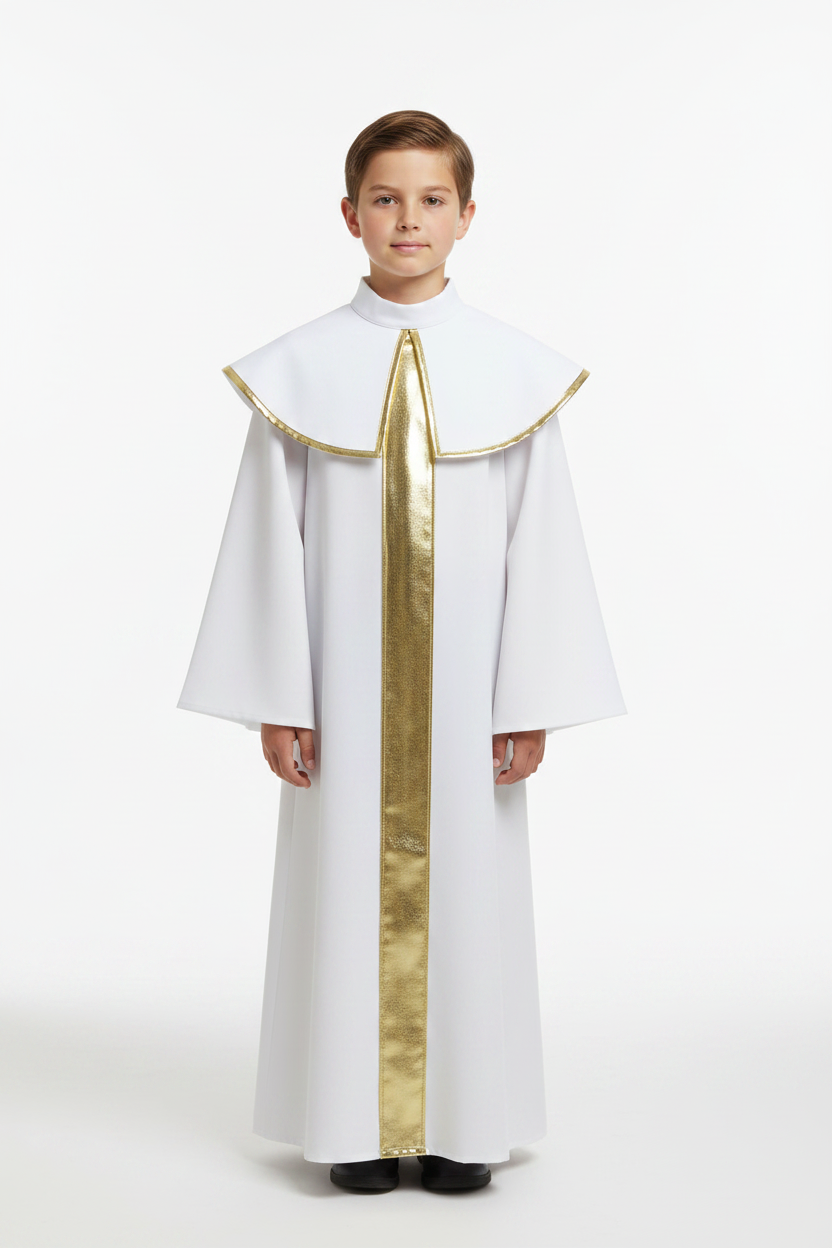 Child model wearing white choir robe with gold center stripe and gold cape collar, white background