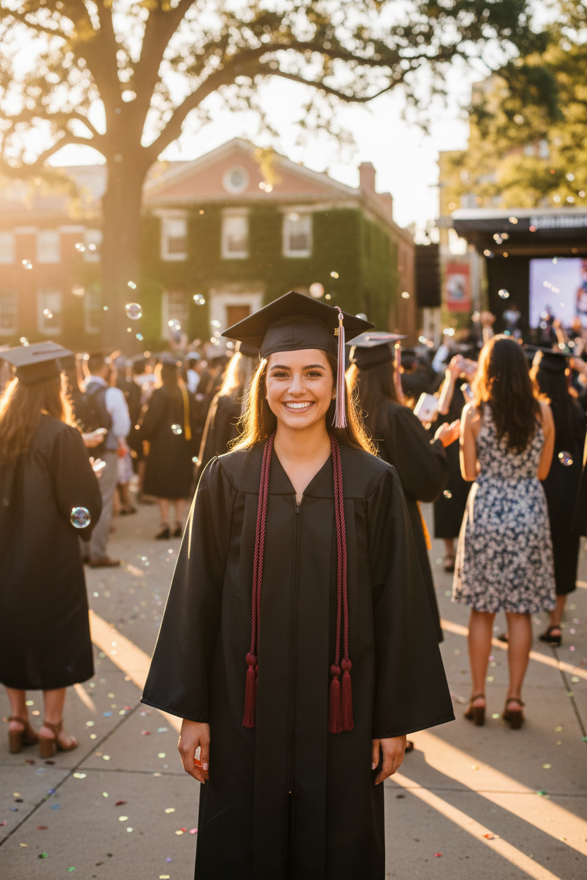 Female graduate wearing maroon honor cord over black graduation gown at university commencement ceremony