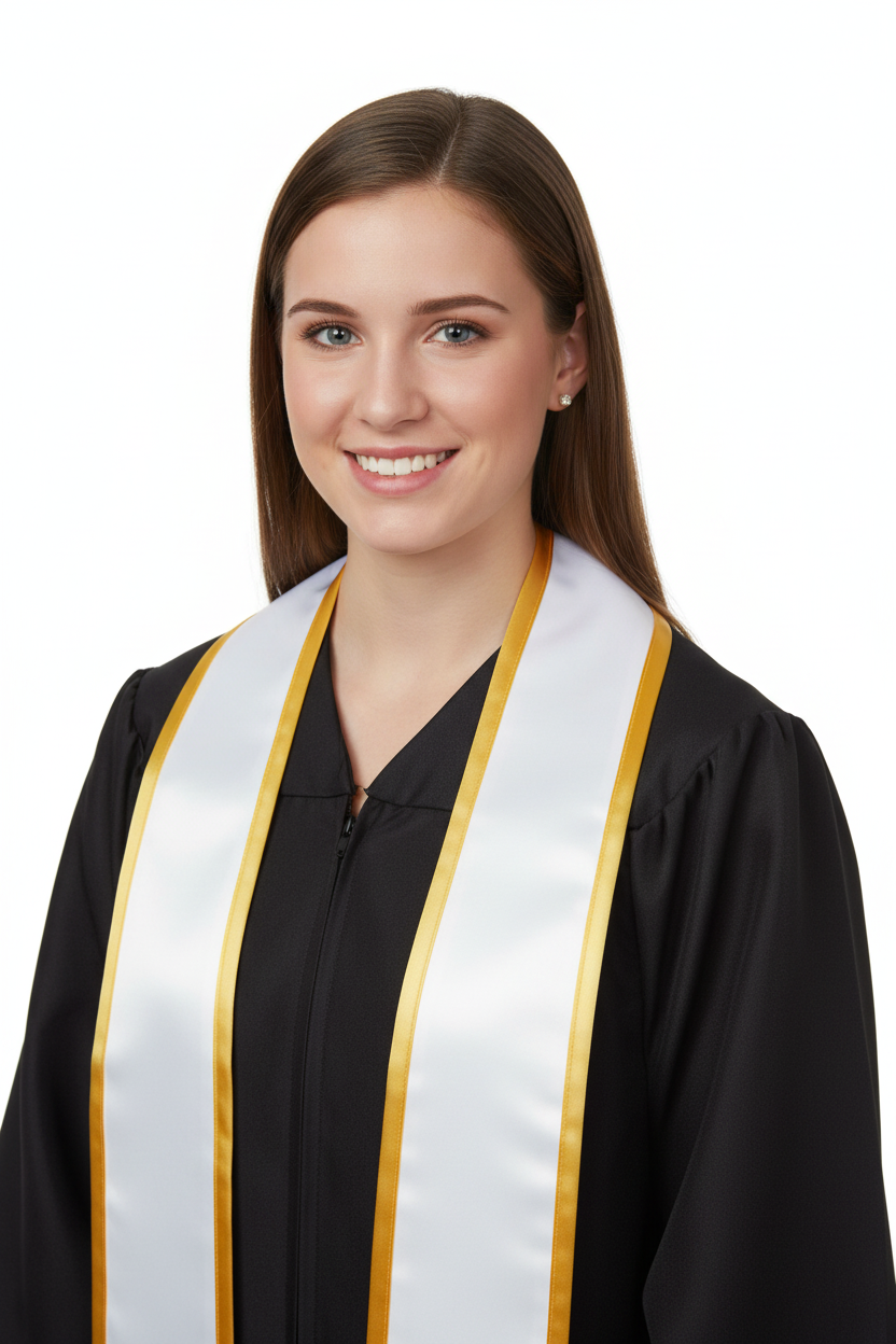 White Slanted Graduation Stole with Gold Trim model display