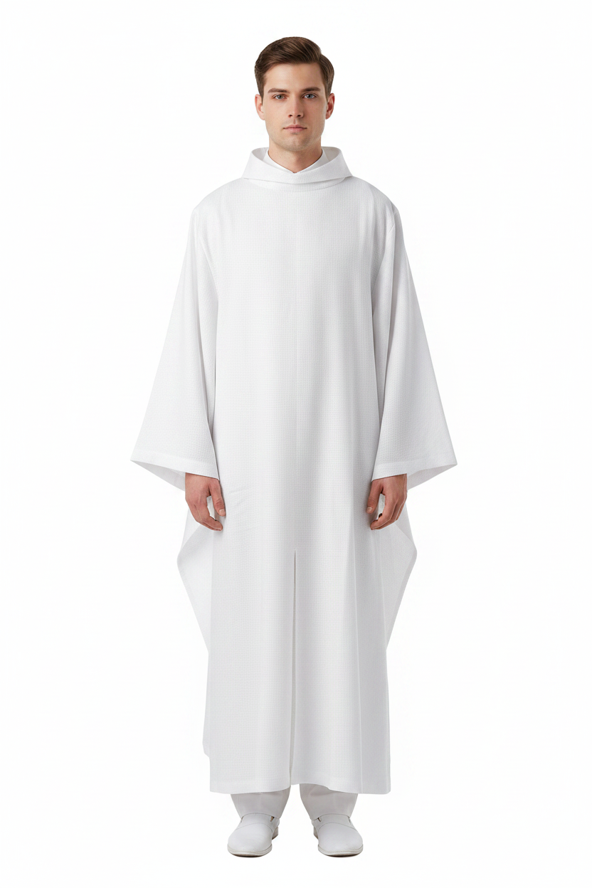 Male model wearing white liturgical alb surplice robe with high stand collar and wide bat-wing sleeves, full body front view, white background