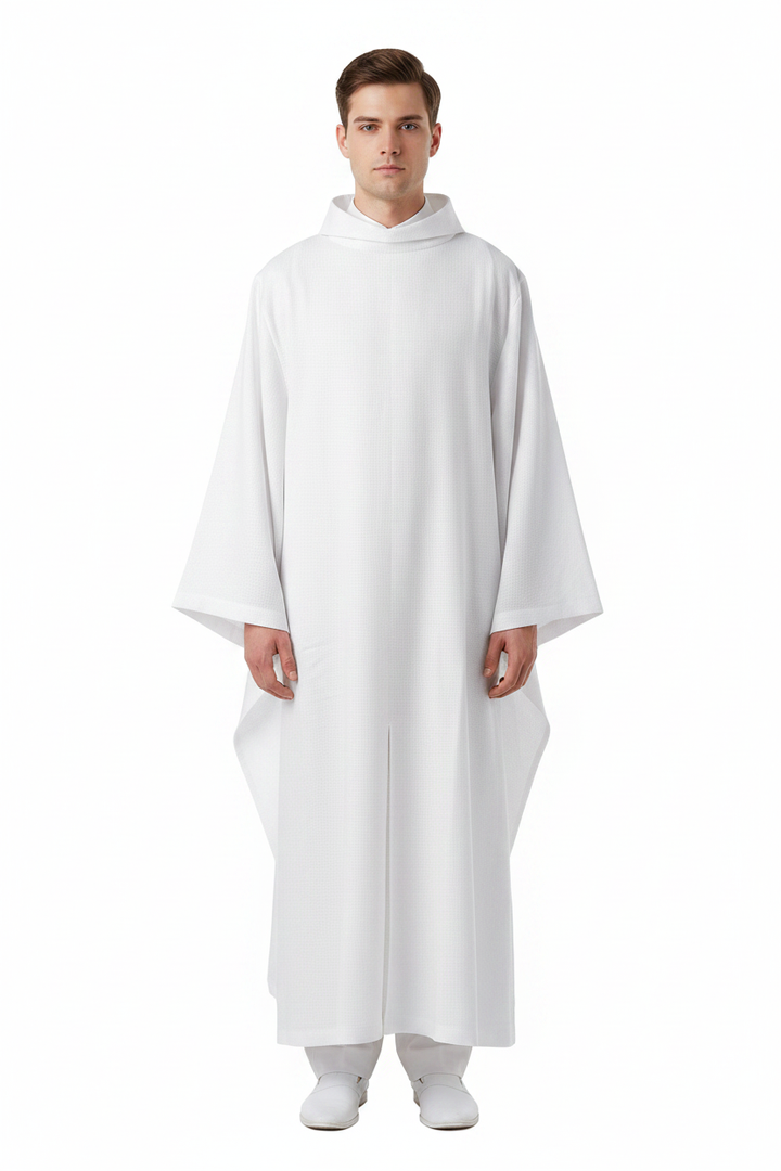 Male model wearing white liturgical alb surplice robe with high stand collar and wide bat-wing sleeves, full body front view, white background