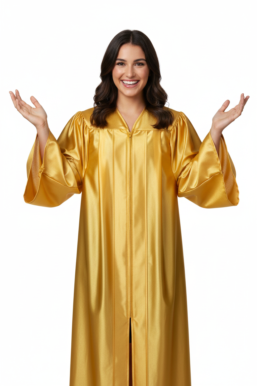 Shiny Gold High School Gown - Model Display