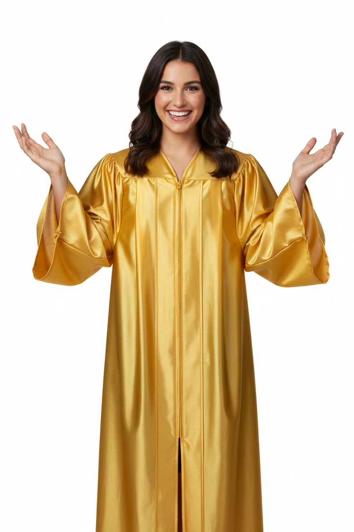 Shiny Gold High School Gown - Model Display