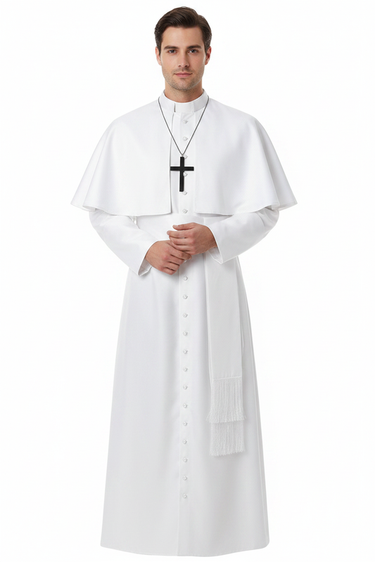 Male model wearing white clergy cape cassock robe set full body front view, white background